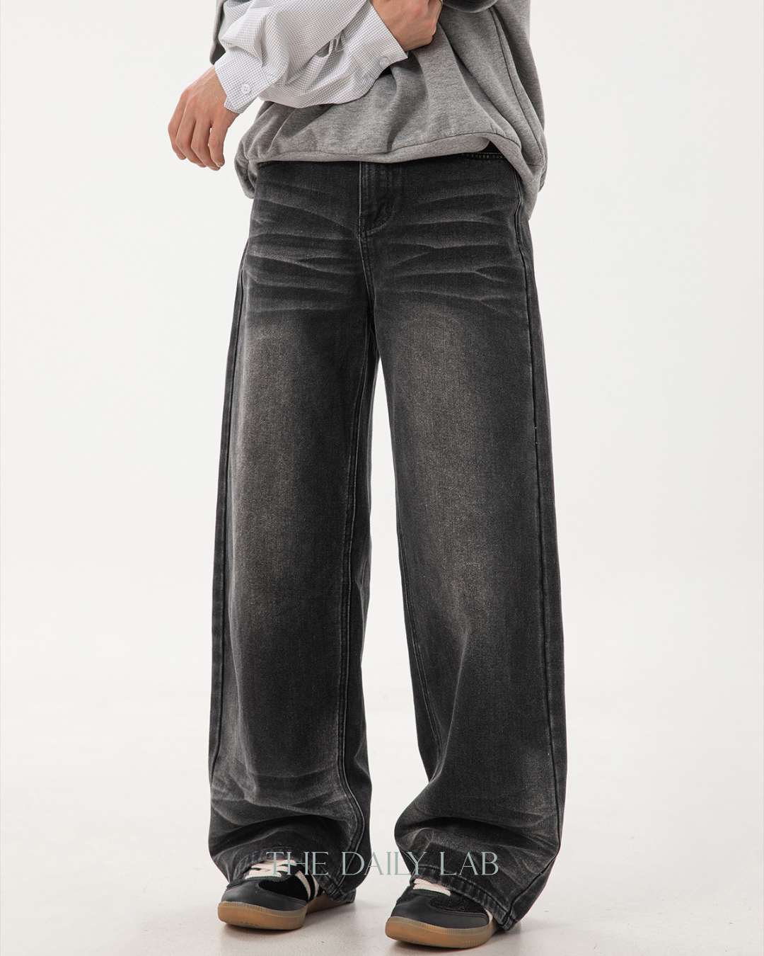 Whisker Washed Distressed Jeans in Black