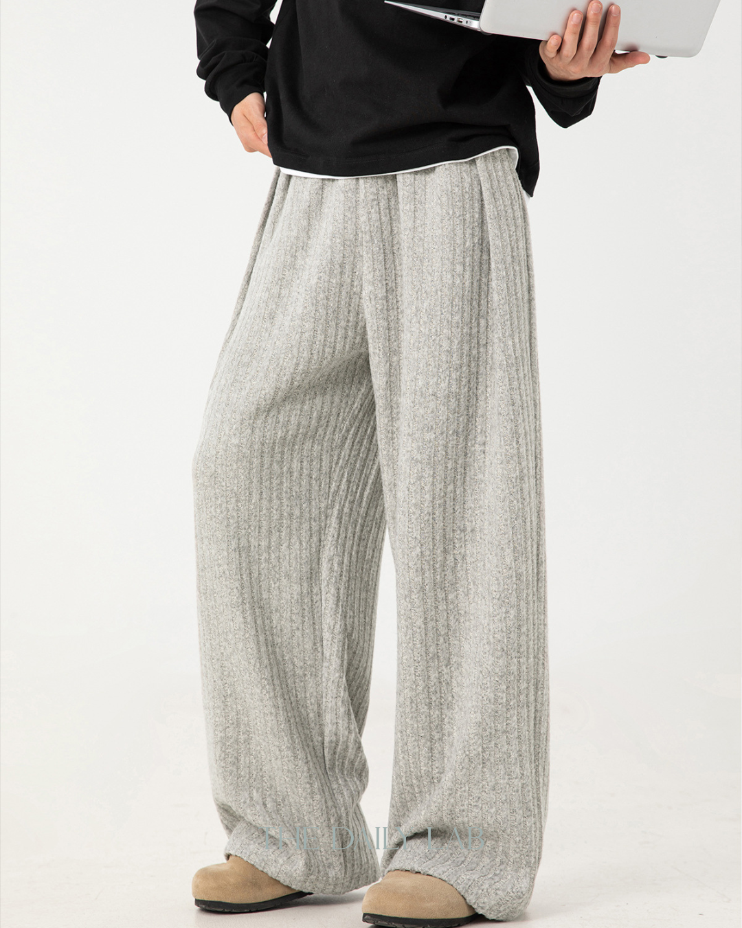 Textured Fleece Loose-fit Draped Casual Pants In Light Grey