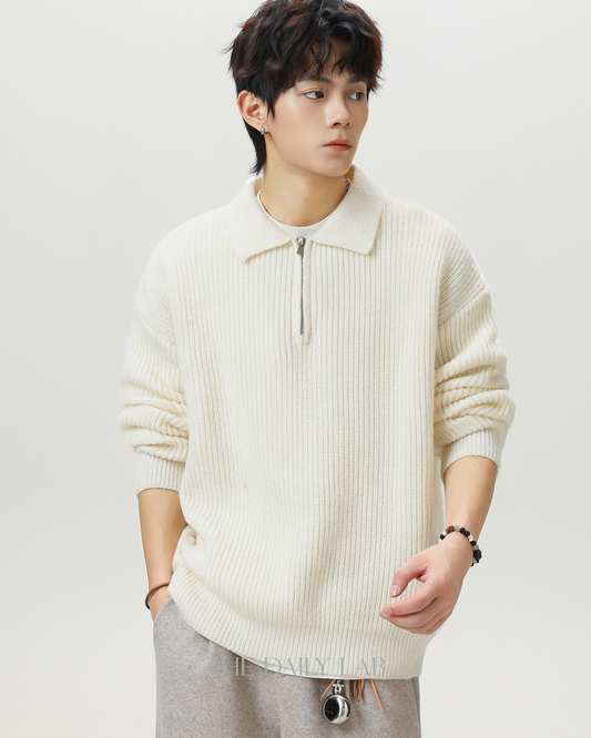 Heavyweight Half-Zip Knit Sweater in  White