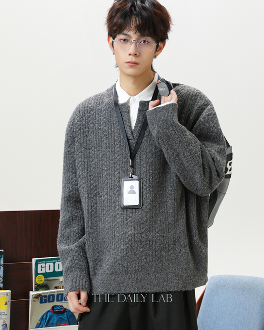 Oversized V-Neck Knit Sweater in Grey