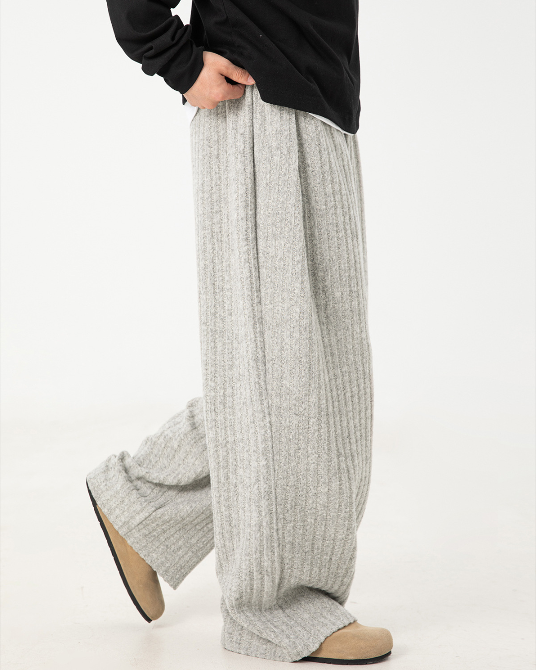 Textured Fleece Loose-fit Draped Casual Pants In Light Grey