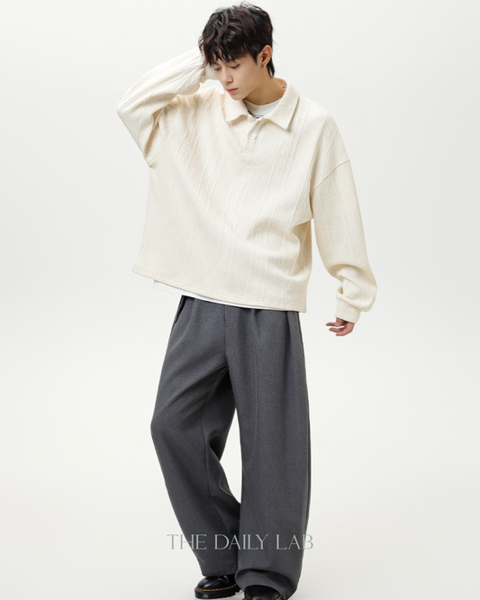 Heavyweight Textured Jacquard Turn-down Collar Sweatshirt In White
