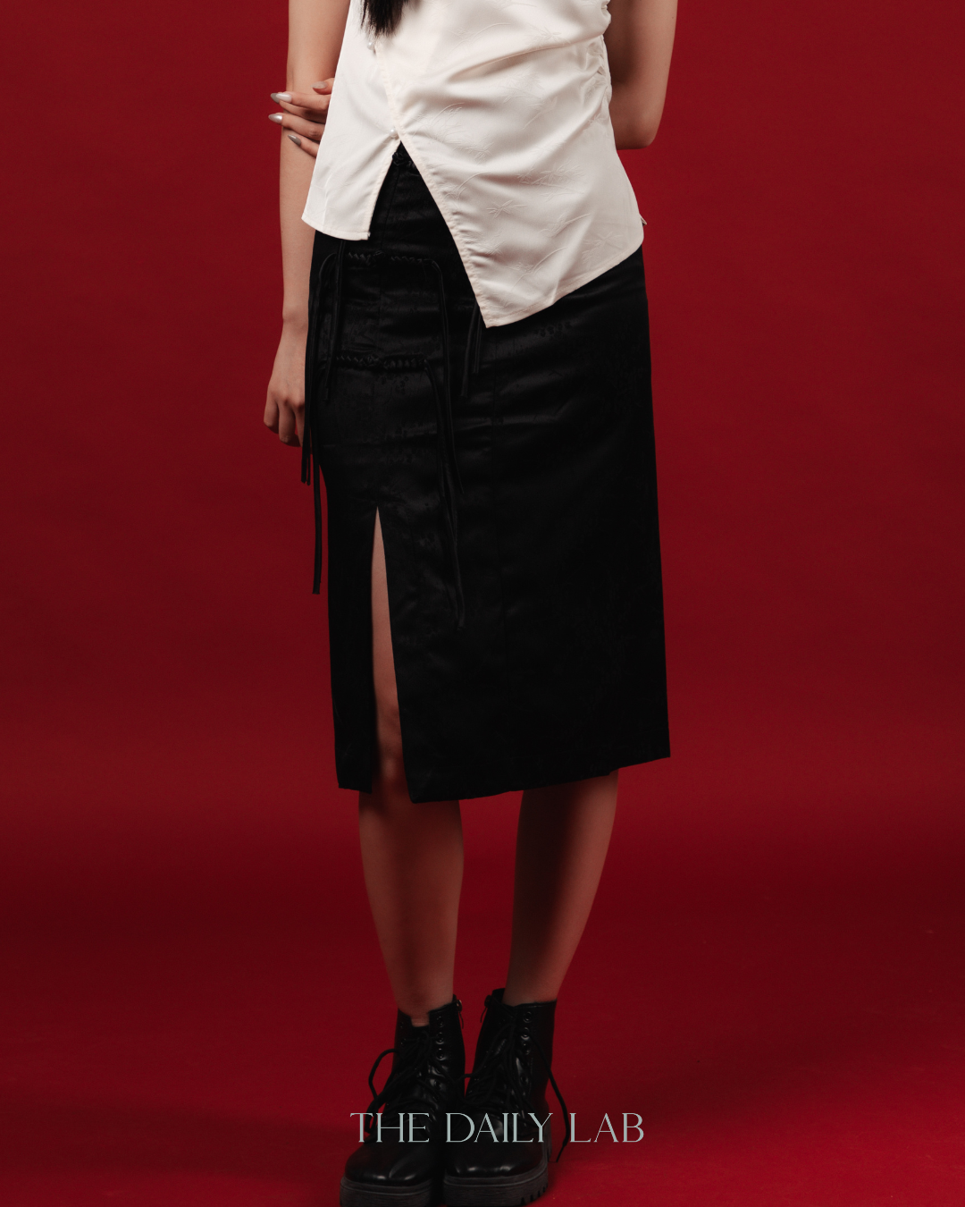 Embroidered Bloom Frog-Button Midi Skirt (In-Stock)