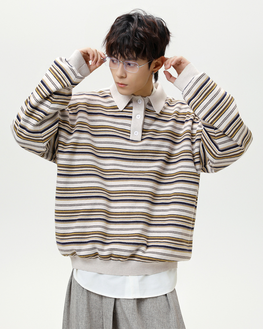 Vintage Striped Loose Casual  T-Shirt in White Coffee