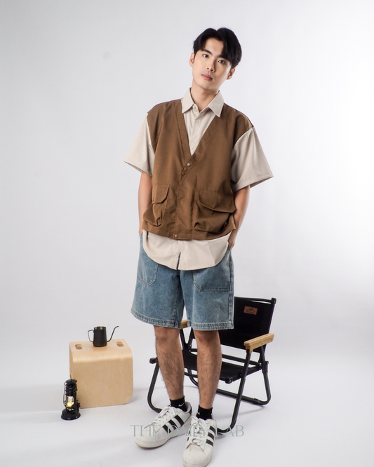 Japanese Techwear Layered Shirt in Khaki