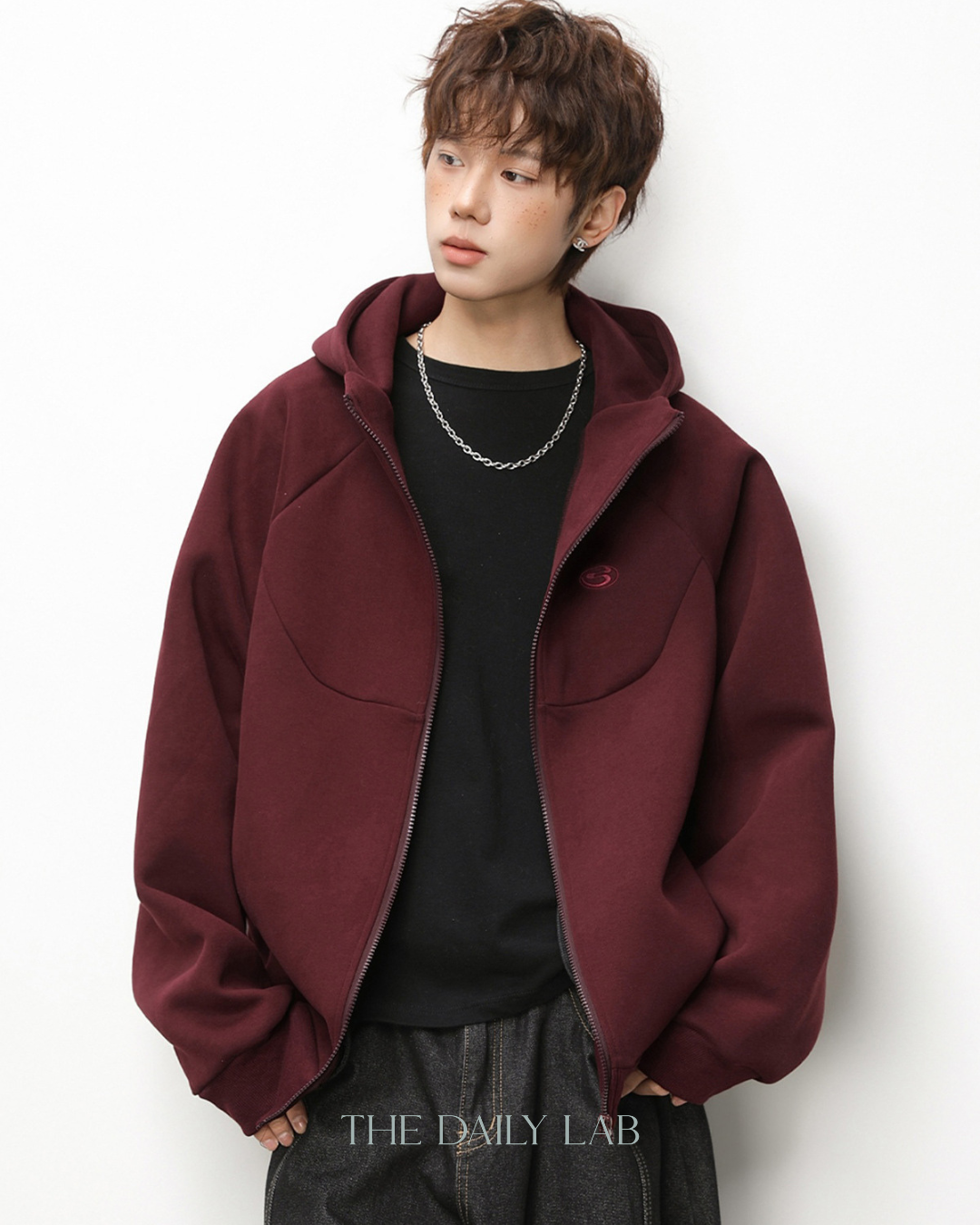 Geometric Zip Hoodie in Red