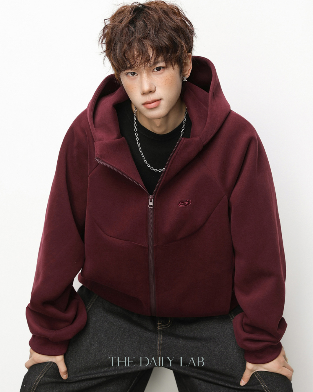 Geometric Zip Hoodie in Red