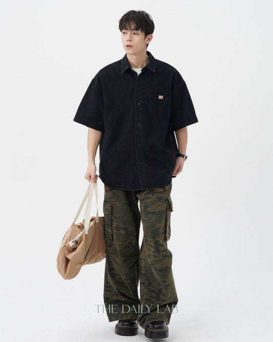 Vintage Washed Denim Short-Sleeve Shirt in Black
