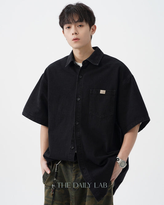 Vintage Washed Denim Short-Sleeve Shirt in Black