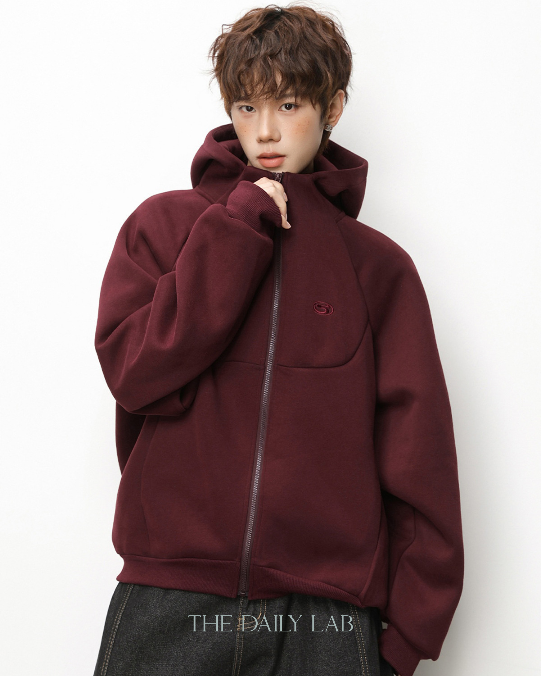 Geometric Zip Hoodie in Red