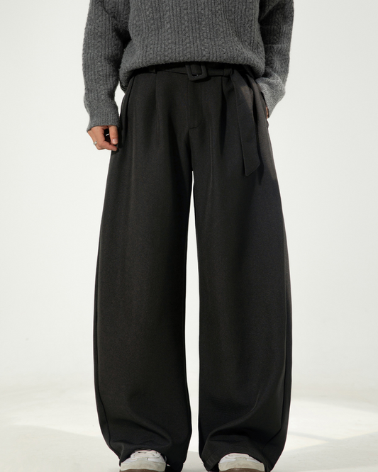 Pleated Draped Curved-Slit Suit Trousers In Black
