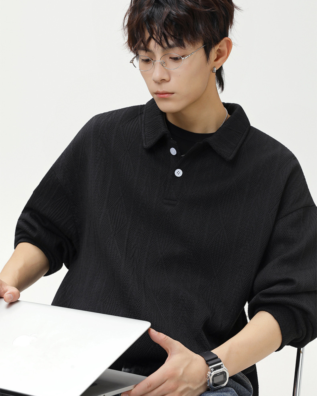 Heavyweight Textured Jacquard Turn-down Collar Sweatshirt In Black