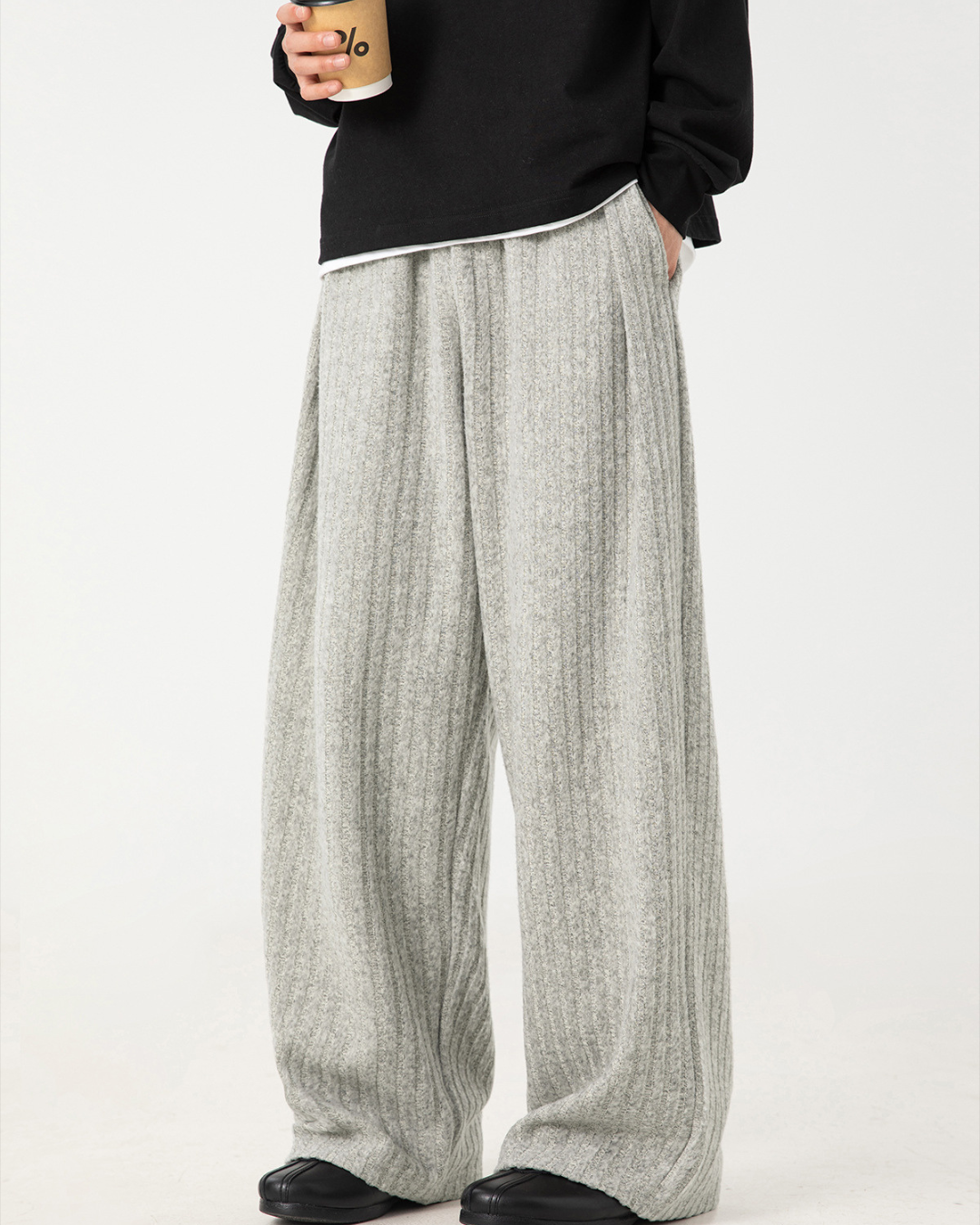 Textured Fleece Loose-fit Draped Casual Pants In Light Grey