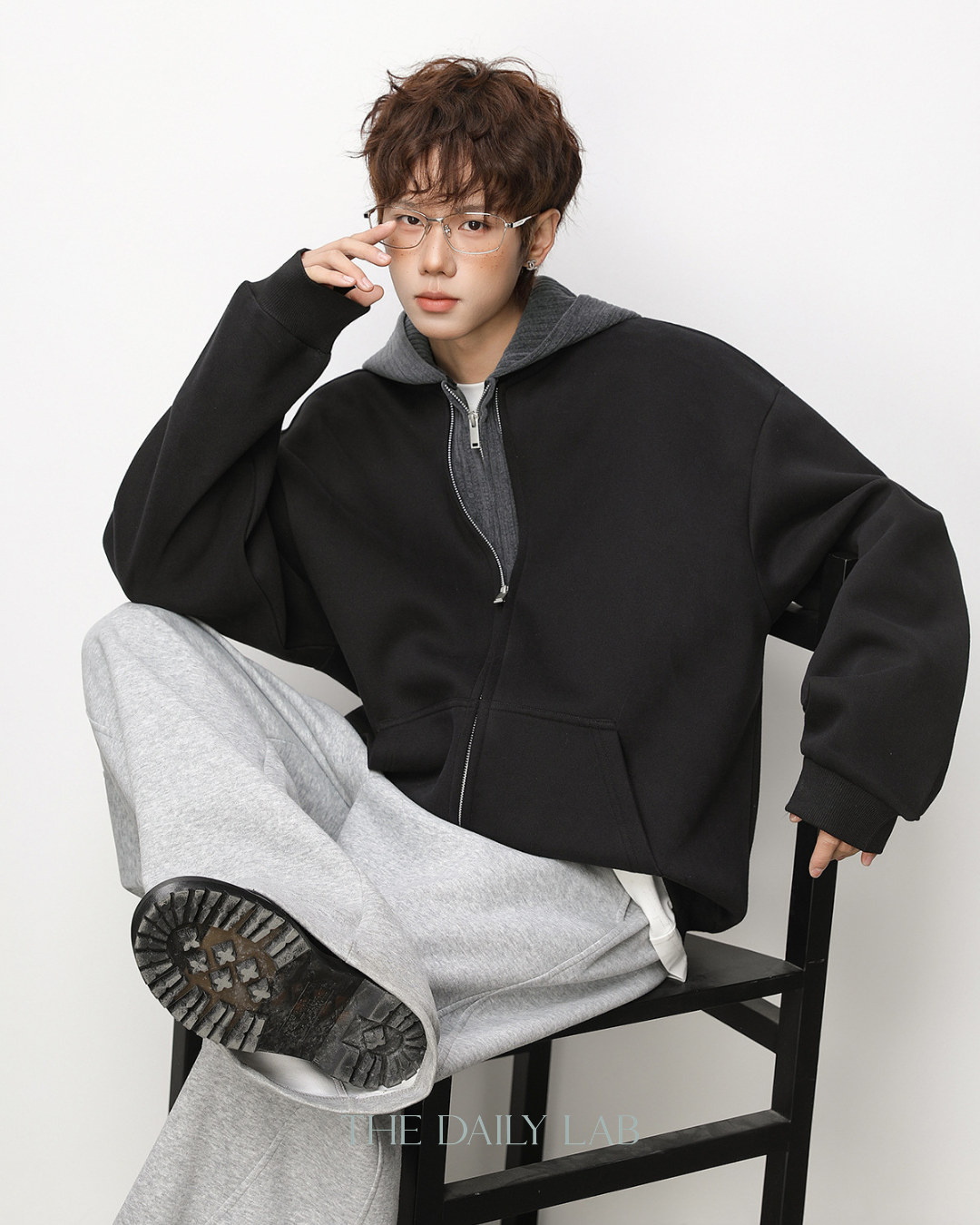 Layer Knit Zip Hoodie in Black