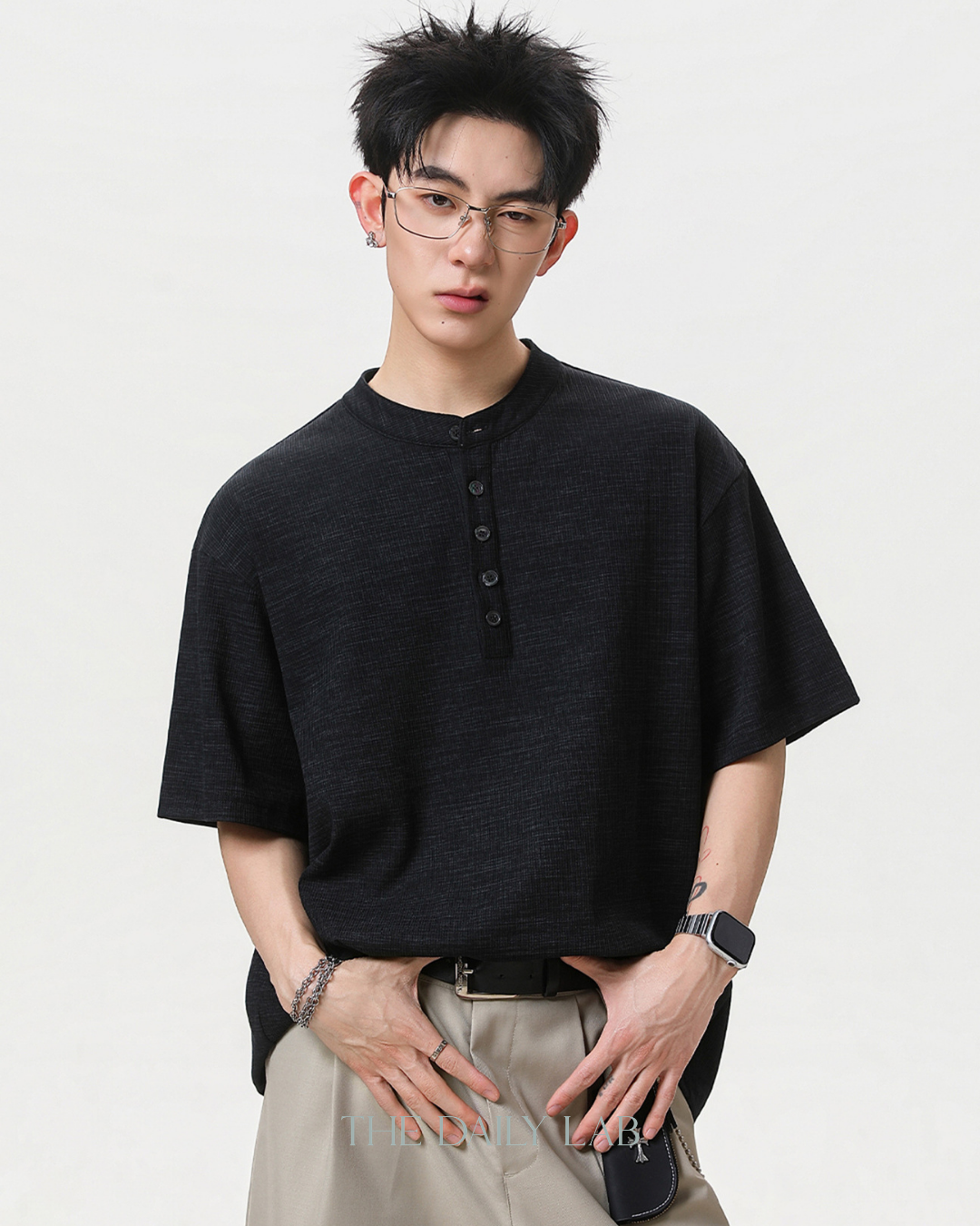 Henley Neck Tee in Black