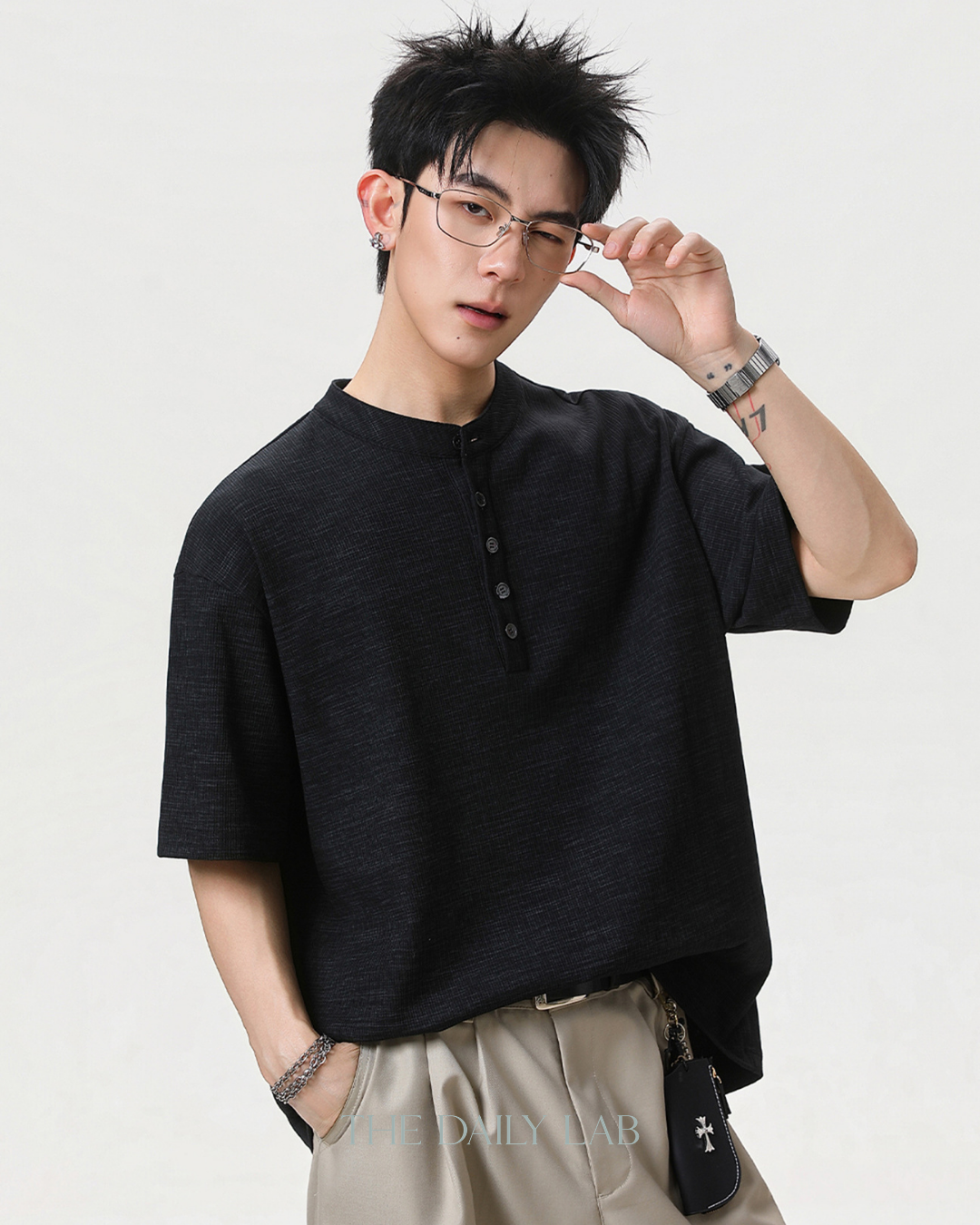 Henley Neck Tee in Black