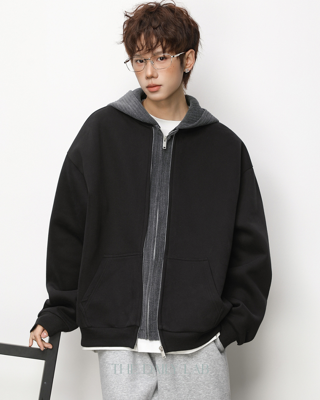 Layer Knit Zip Hoodie in Black