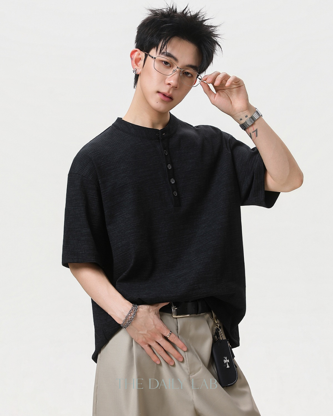 Henley Neck Tee in Black