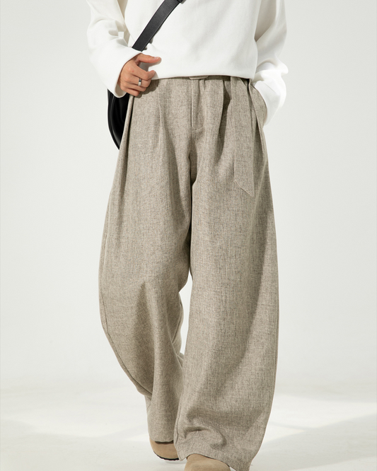 Pleated Draped Curved-Slit Suit Trousers In Oatmeal Color