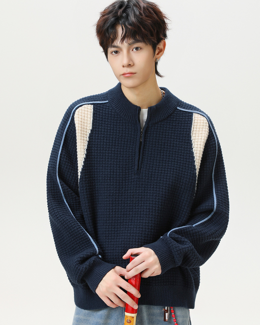 Colorblock Fleece Knit Jacket in Navy Blue