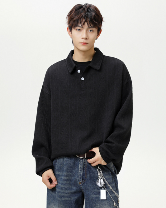 Heavyweight Textured Jacquard Turn-down Collar Sweatshirt In Black