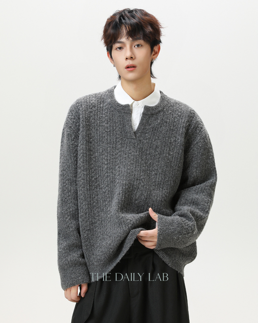 Oversized V-Neck Knit Sweater in Grey