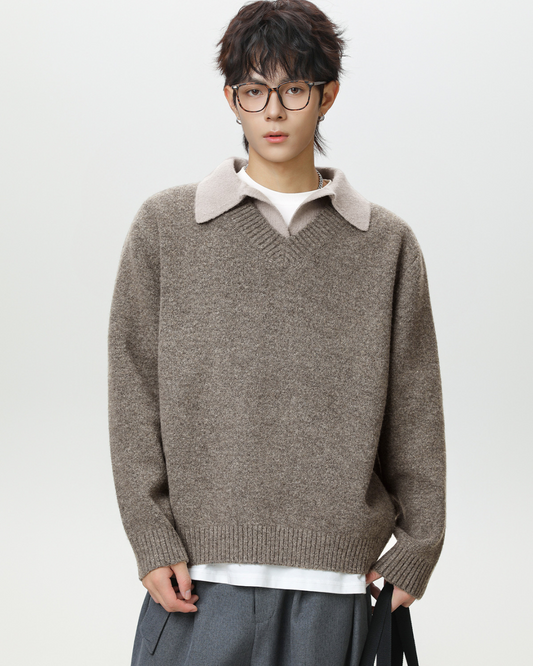 Vintage Lapel Knit Sweater Jacket in Grey Brown