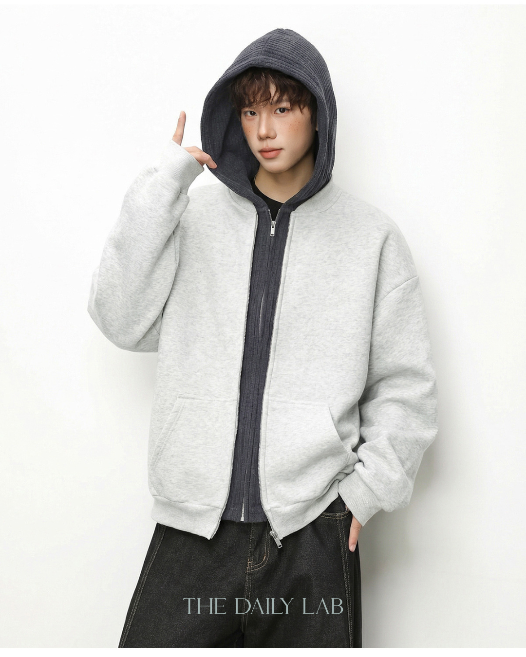 Layer Knit Zip Hoodie in Light Grey