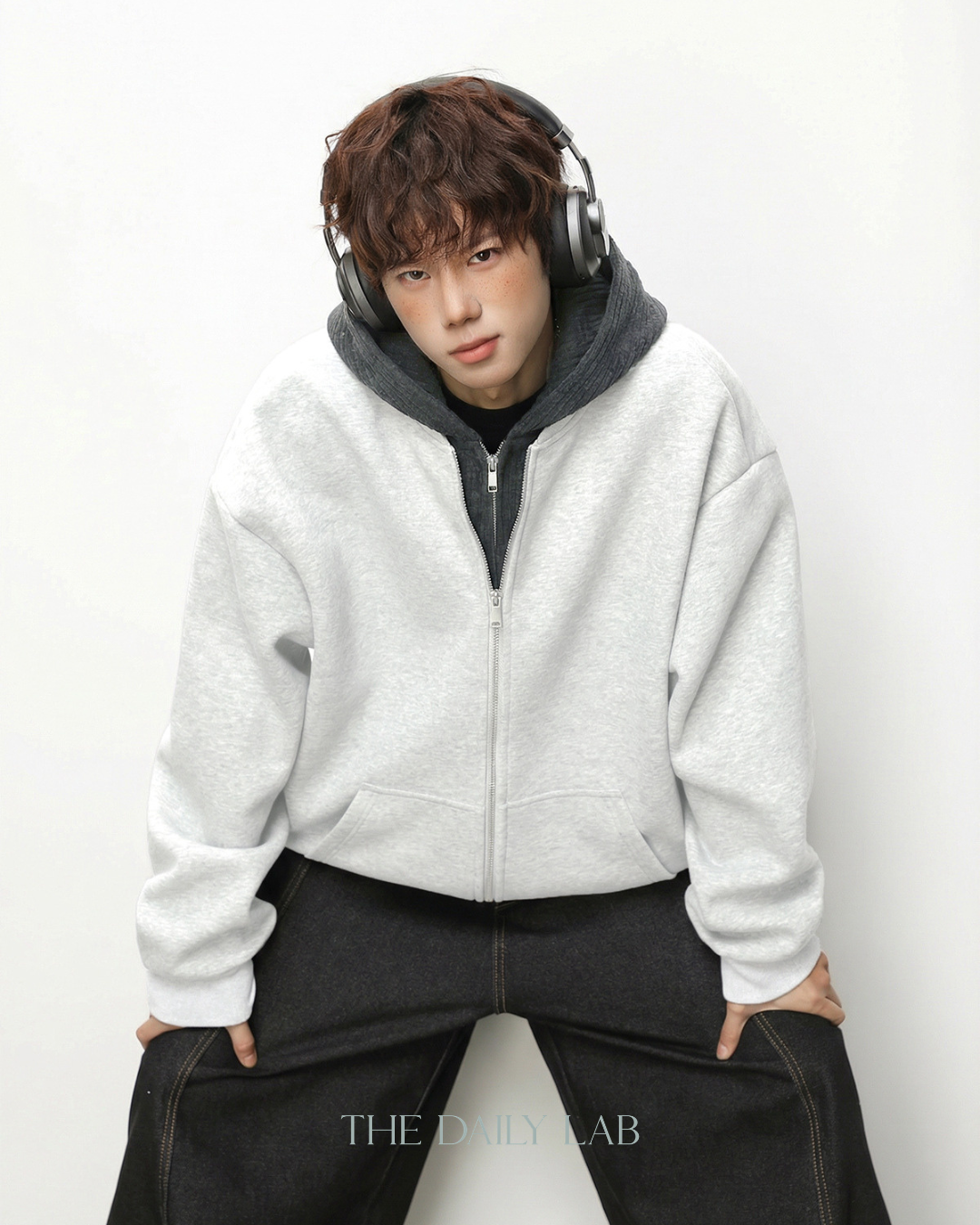 Layer Knit Zip Hoodie in Light Grey