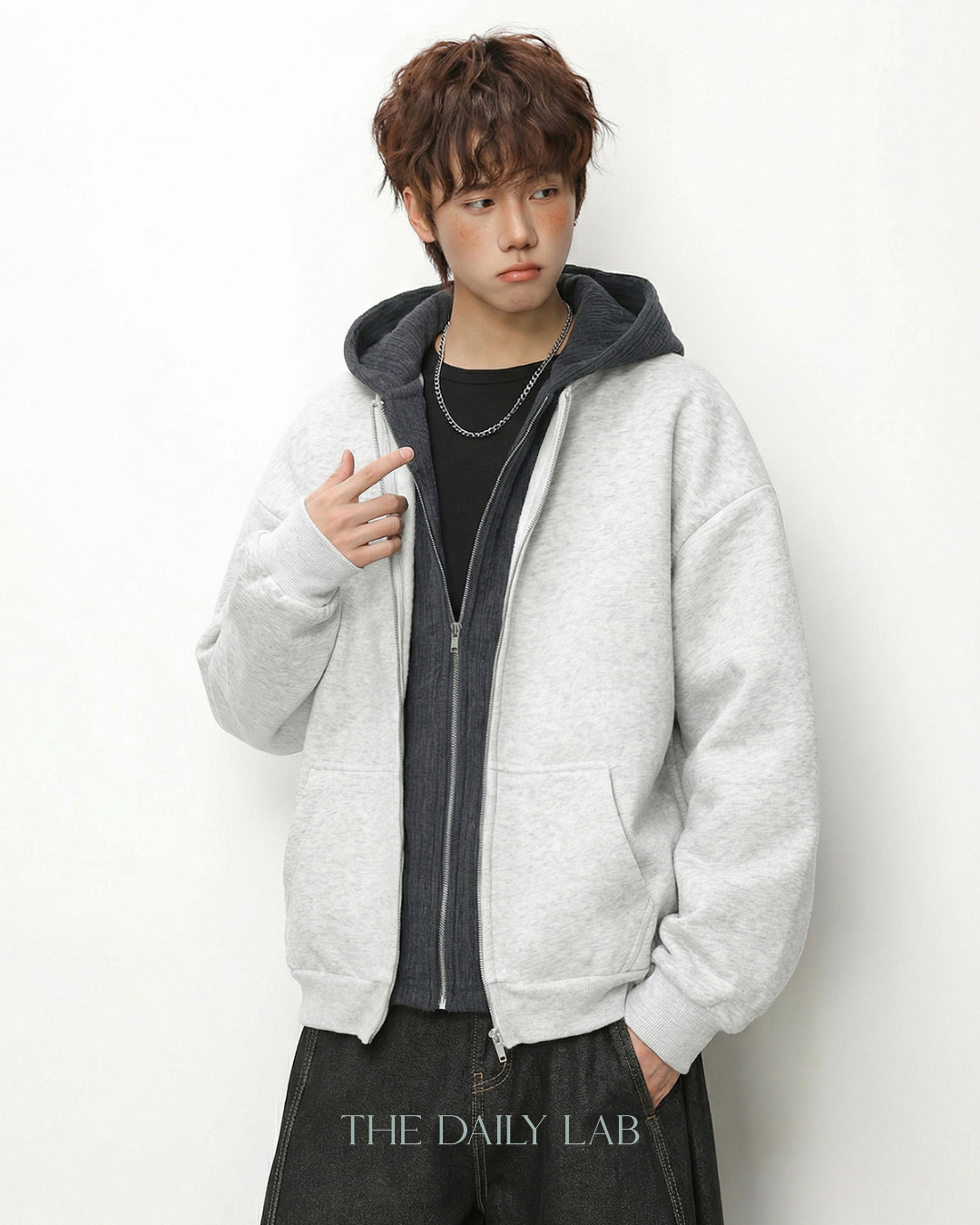 Layer Knit Zip Hoodie in Light Grey