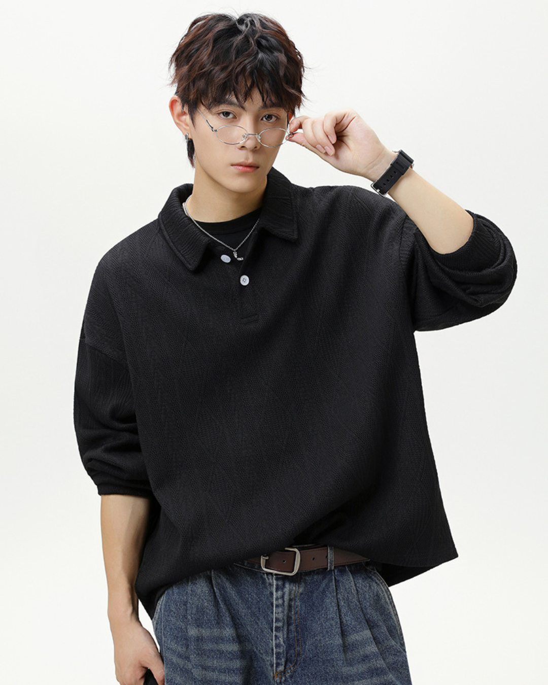 Heavyweight Textured Jacquard Turn-down Collar Sweatshirt In Black