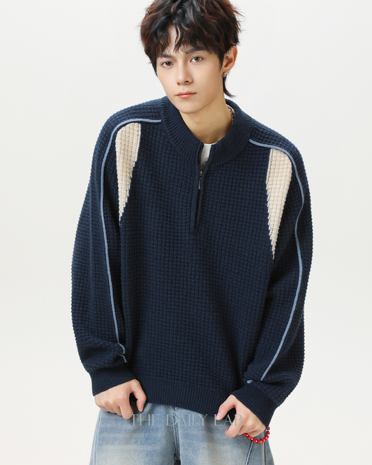 Colorblock Fleece Knit Jacket in Navy Blue
