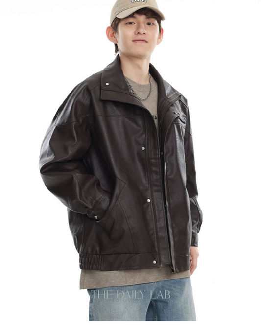 American Retro PU Leather Motorcycle Jacket In Brown