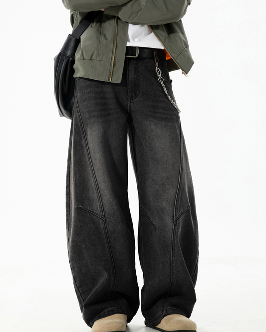 Structured Segmented Washed and Distressed Curved Blade Jeans In Black
