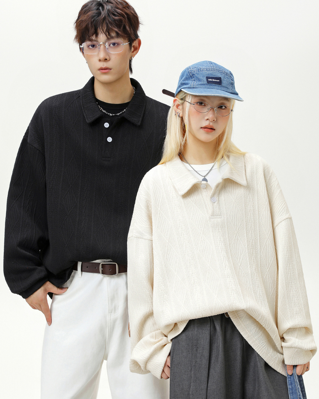 Heavyweight Textured Jacquard Turn-down Collar Sweatshirt In Black