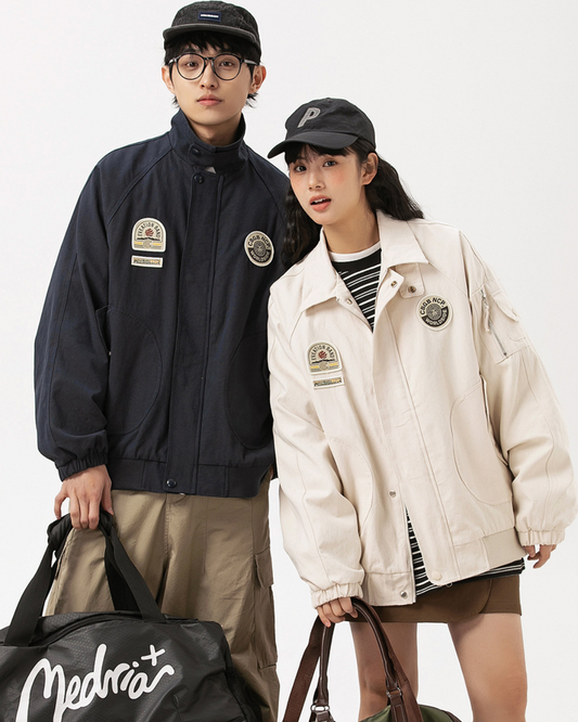American Retro Badge Collared Bomber Jacket In Red