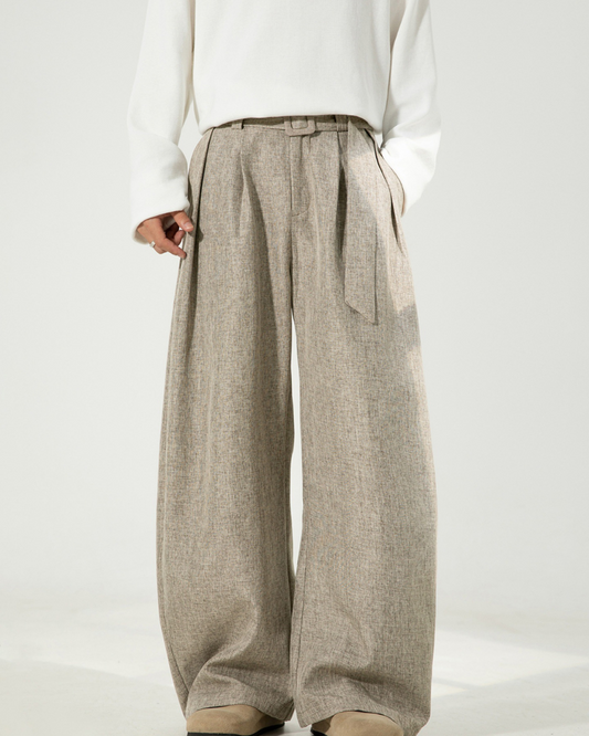 Pleated Draped Curved-Slit Suit Trousers In Oatmeal Color