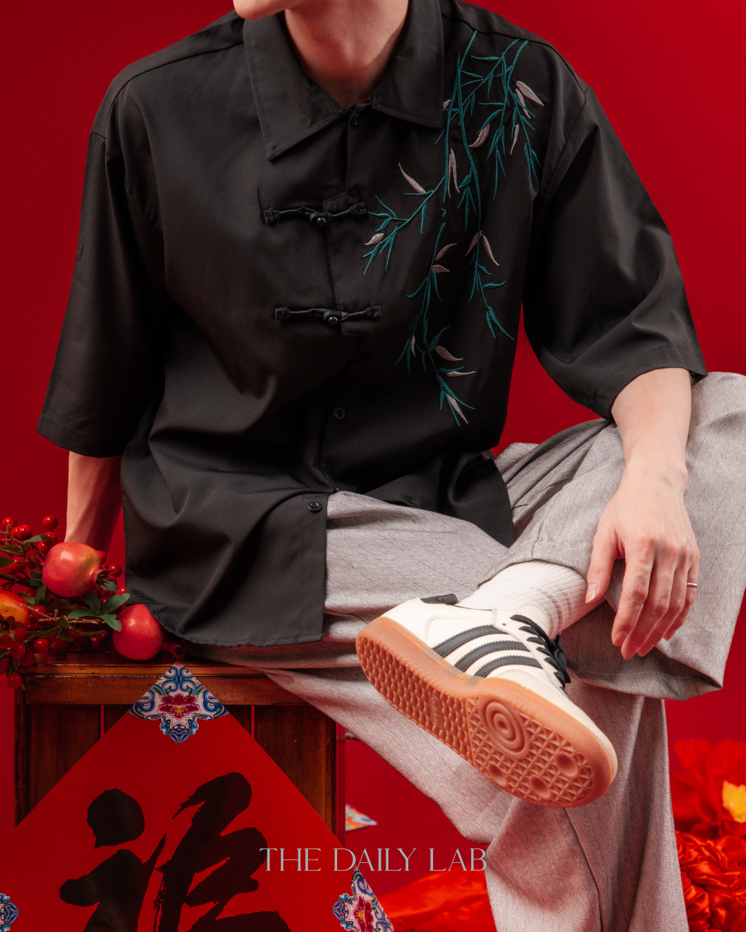 Embroidered Bamboo Chinese Shirt in Black