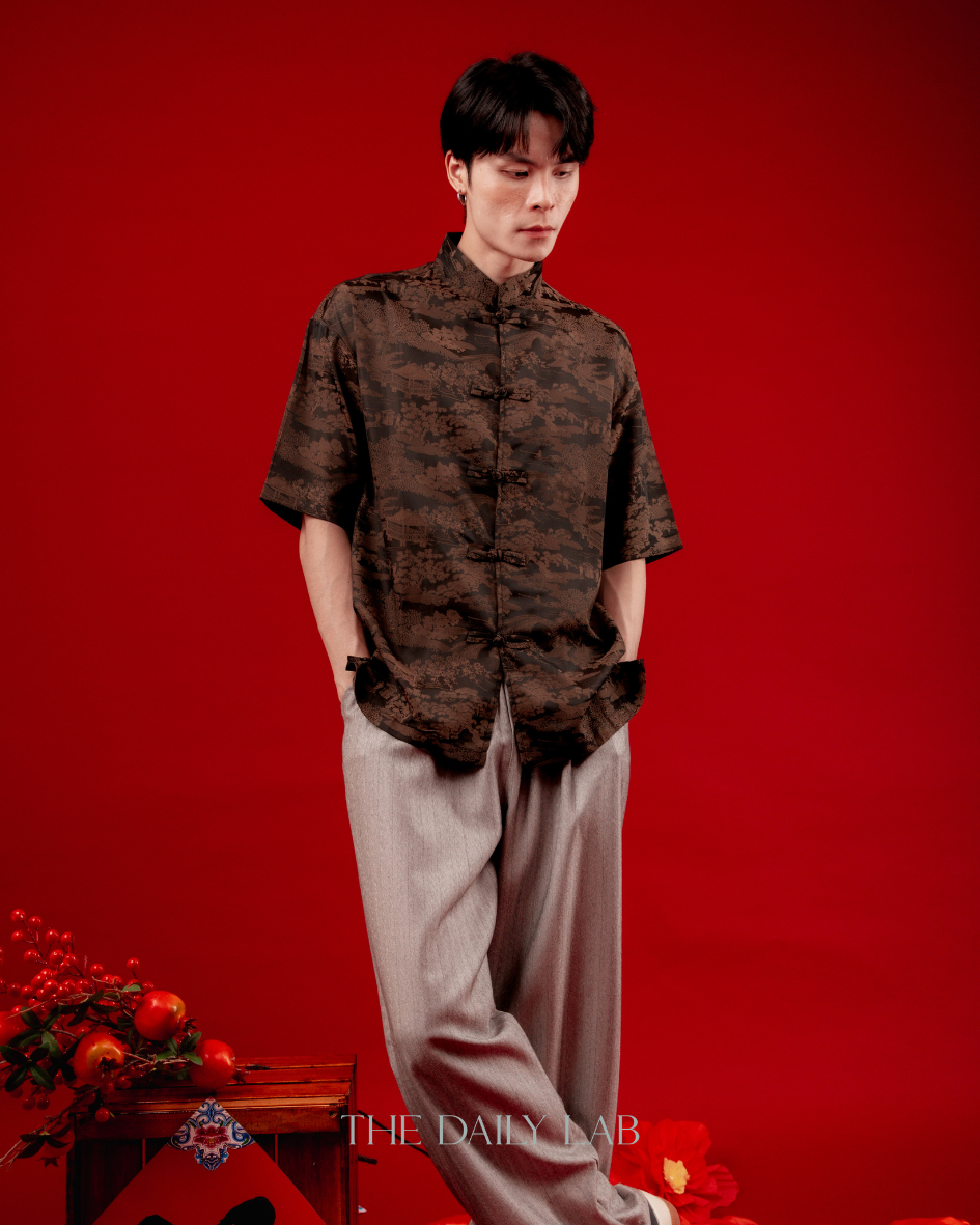 Lightweight Mandarin Collar Shirt in Brown