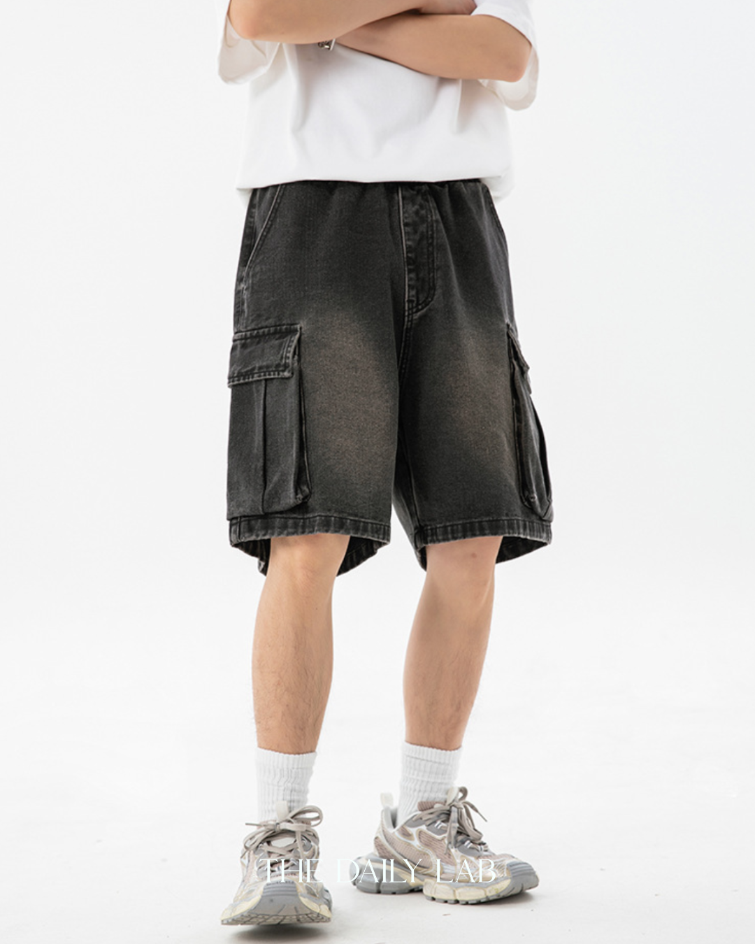 Denim Cargo Pocketed Shorts in Black