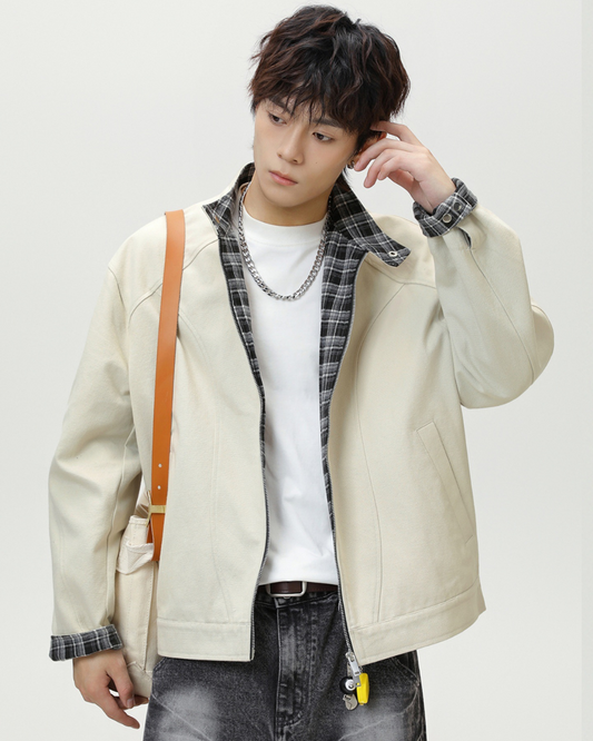 Vintage Checkered Harrington Jacket in White