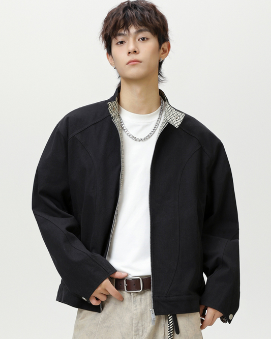 Vintage Checkered Harrington Jacket in Black