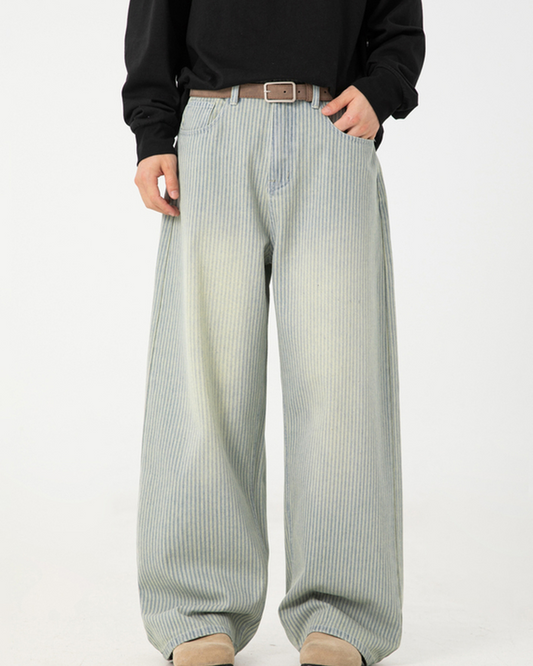 Vintage Washed Vertical-Stripe Jeans In Light Blue