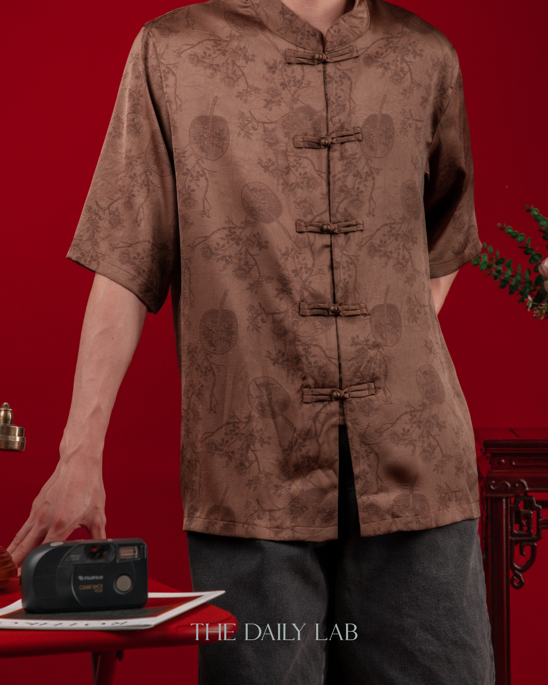 Chinese Style Ice Silk Shirt in Brown