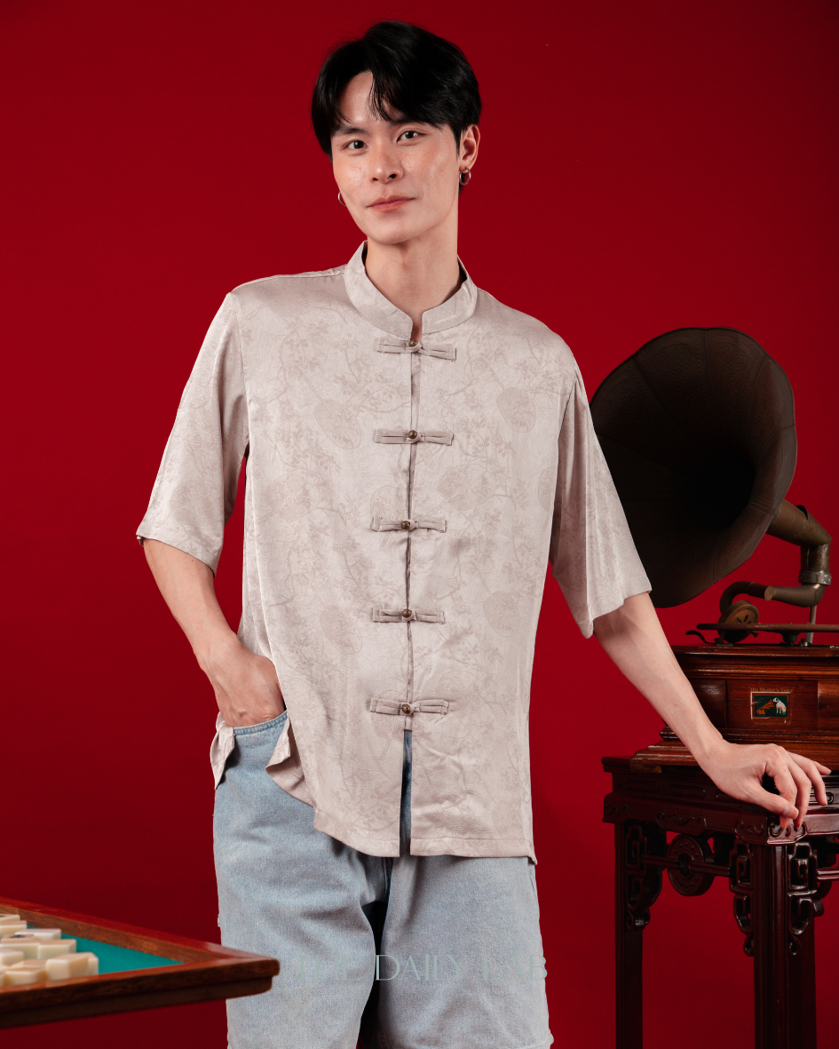 Ice Silk Mandarin Shirt in Mocha