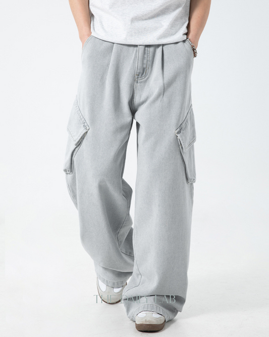 Washed Utility Denim Cargo Pants in Blue