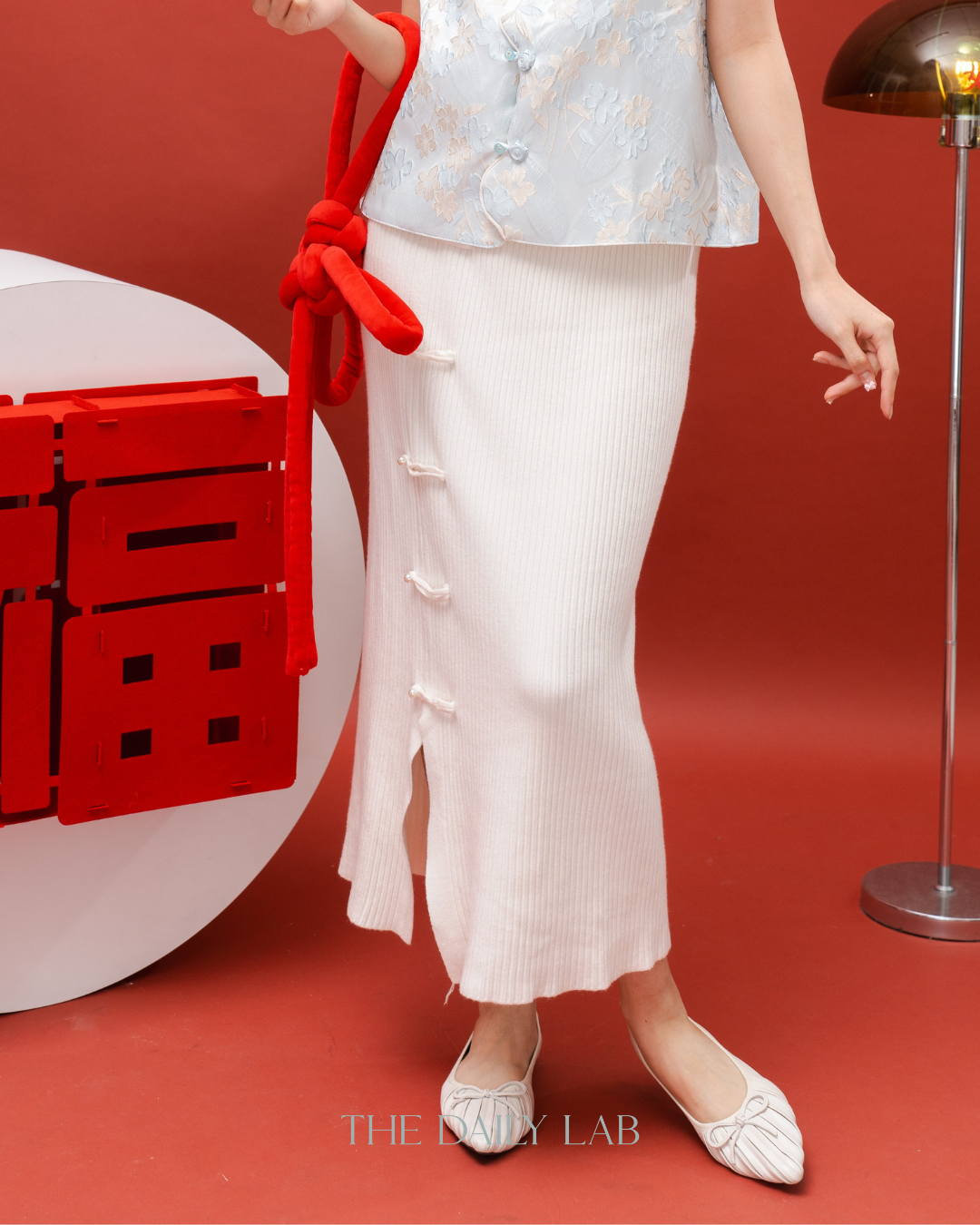 Retro Knit Long Skirt in White