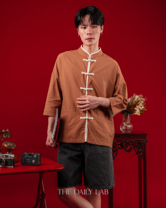 Chinese Style Cotton Linen Shirt in Coffee