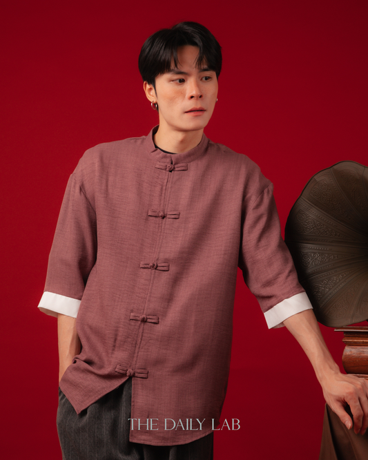 Vintage Linen Chinese Button Shirt in Purple