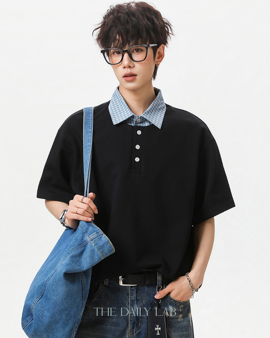 Two-Piece Plaid Spliced T-Shirt in Navy